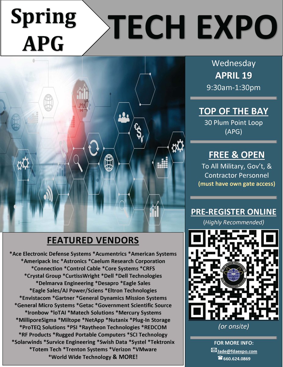 📢Calling all @DeptofDefense, Federal, and contractor personnel! @USAGAPG is hosting the APG Spring Tech Expo April 19, 9:30 AM - 1:30 PM ET at Top of the Bay. Learn more and pre-register: fdaexpo.com/register.php?i… #TeamAPG