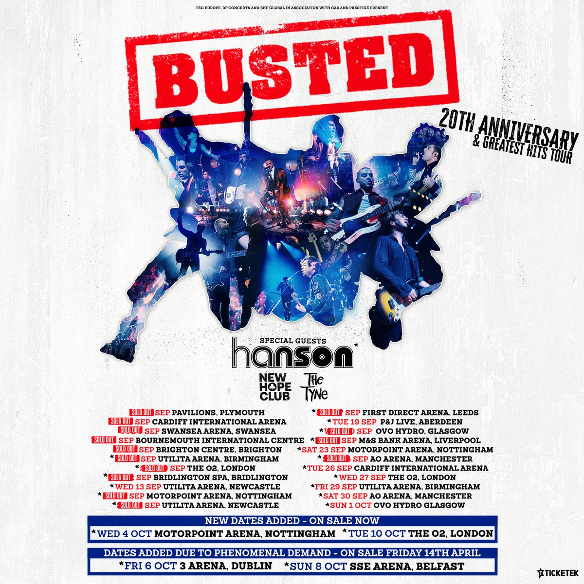 Busted's tweet image. THIRD London O2 and Nottingham Arena shows on sale now and IRELAND we are coming for you too!!  🇮🇪Dublin and Belfast, tickets go on sale next Friday 14th. All tickets available via busted.komi.io we cannot wait to see you 💥