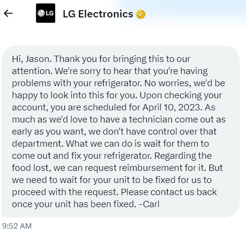 jasonlevitis's tweet photo. @LGUS Hi again @LGUS. Here's the response I got back from DMing you--no help at all. I'm not sure what you mean by "that department." Is there someone I could talk to about getting help sooner, or is there just no one available until next Monday? https://t.co/IOWCQ1TsOG