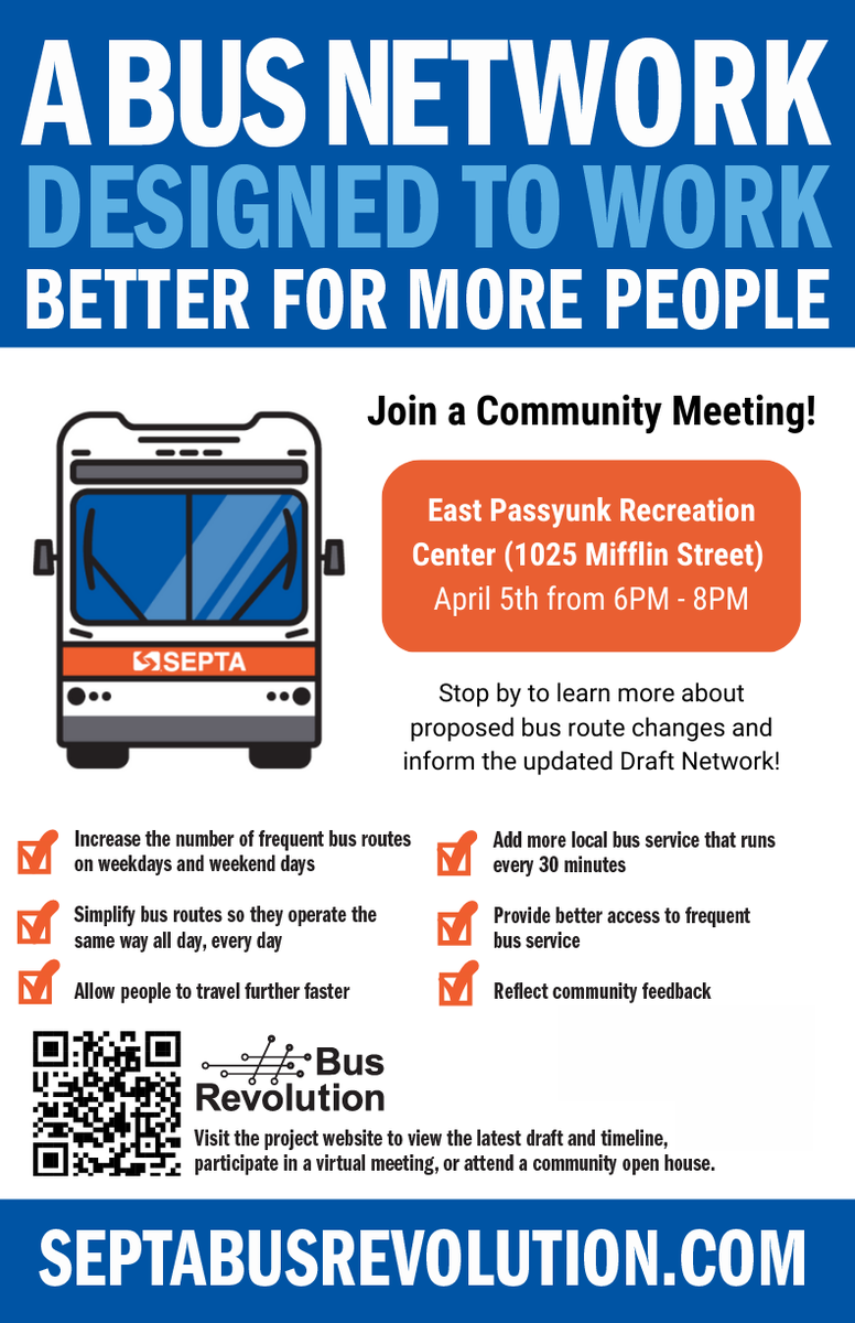 LoMoPhilly's tweet image. Tomorrow @SEPTAPHILLY is hosting a meeting from 6-8PM at the East Passyunk Rec Center about the Bus Revolution. Stop by to learn more about proposed route changes &amp;amp; inform the updated draft bus network. The will be free food from Primo Hoagies &amp;amp; a chance to win Phillies tickets.