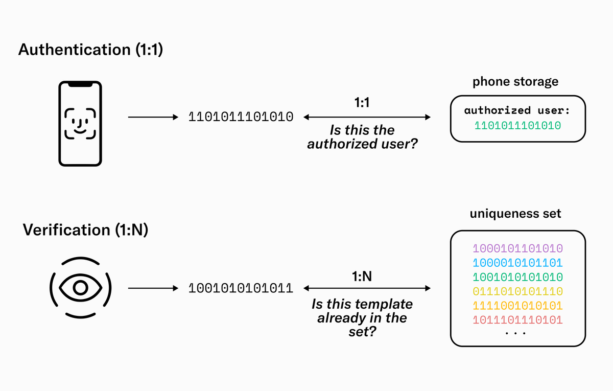 worldcoin's tweet image. Authentication vs verification💡

Authenticating ownership (e.g. FaceID) uses biometrics as a password, where a 1:1 comparison is performed against a saved ID template.

Verifying uniqueness compares biometrics against (up to) billions of registered users in a 1:N comparison.
