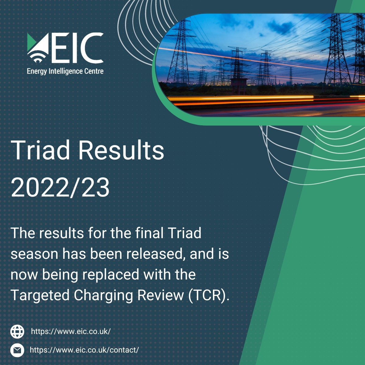 The National Grid has published the three Triad dates for the 2022/23 season, and from April 2023, transmission charges will mainly be determined by a series of fixed charging bands.

Learn more about Triad Results and Targeted Charging Review (TCR) here: eic.co.uk/triad-results-…