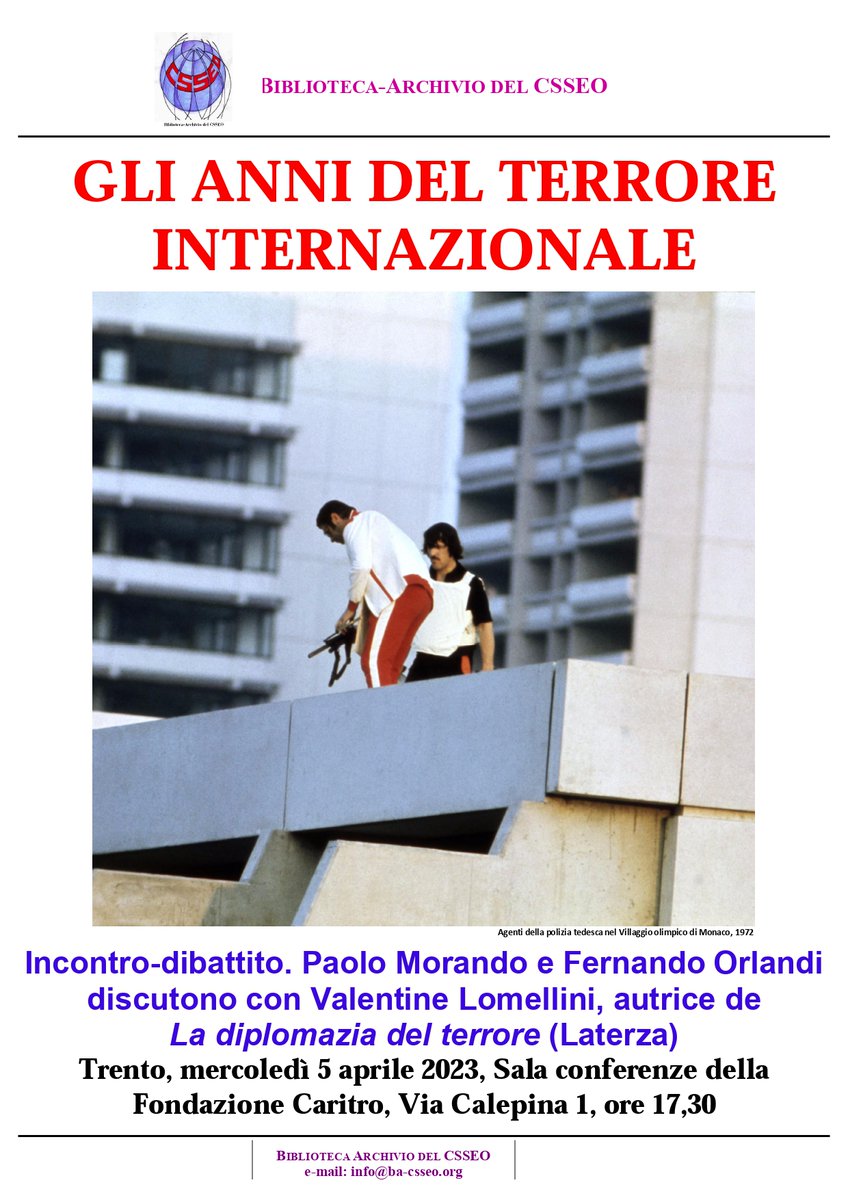 Cari amici, domani alle 17.30 si terrà l'incontro - dibattito con Paolo Morando e Fernando Orlandi a Trento sul volume "La diplomazia del terrore" edito da Editori Laterza. Vi aspettiamo!