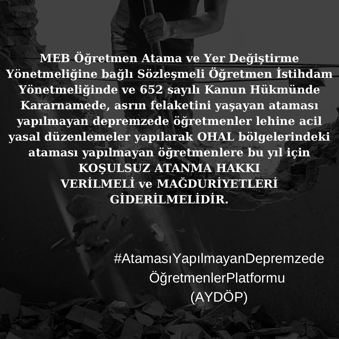 alicanharbeli's tweet photo. Şartsız atama talep ediyoruz ! ! !
@haluklevent 
@mert__firat 
@kalbenben 
@KarsuDonmez 
@barisatay 
@GokhanZanResmi 

#DepremzedeÖğretmeneŞartsızKadro https://t.co/HExlww4fnb