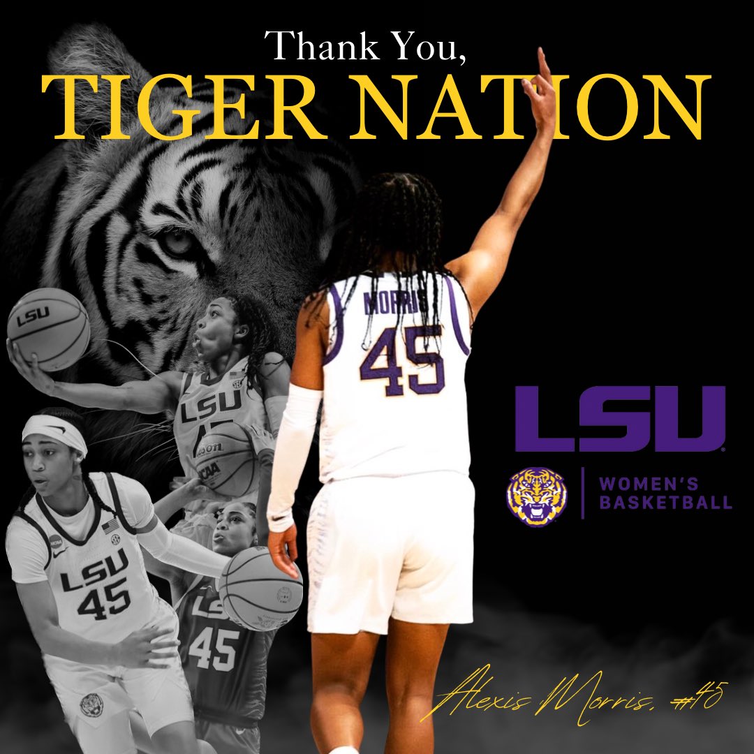 alexismorrissss's tweet photo. All Glory to God, and a special thank you to my family, the LSU Women’s Basketball coaching staff, and to our amazing fan base. Excited for the next chapter! ♾️🤍💛💜 https://t.co/oEJUbRGL2b