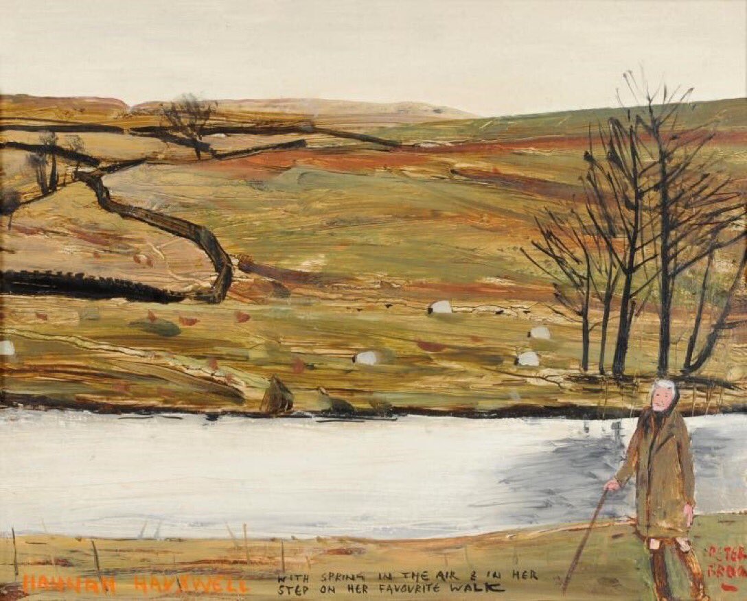 PennineThe's tweet photo. ‘Hannah Hauxwell - With Spring in the Air &amp; in her Step on her Favourite Walk’ is a very different painting from Peter Brook’s more usual portrayal of her battling against the harsh winter weather, living and working alone high up in the Pennines on her remote Baldersdale farm. https://t.co/cbSxiJaz9m