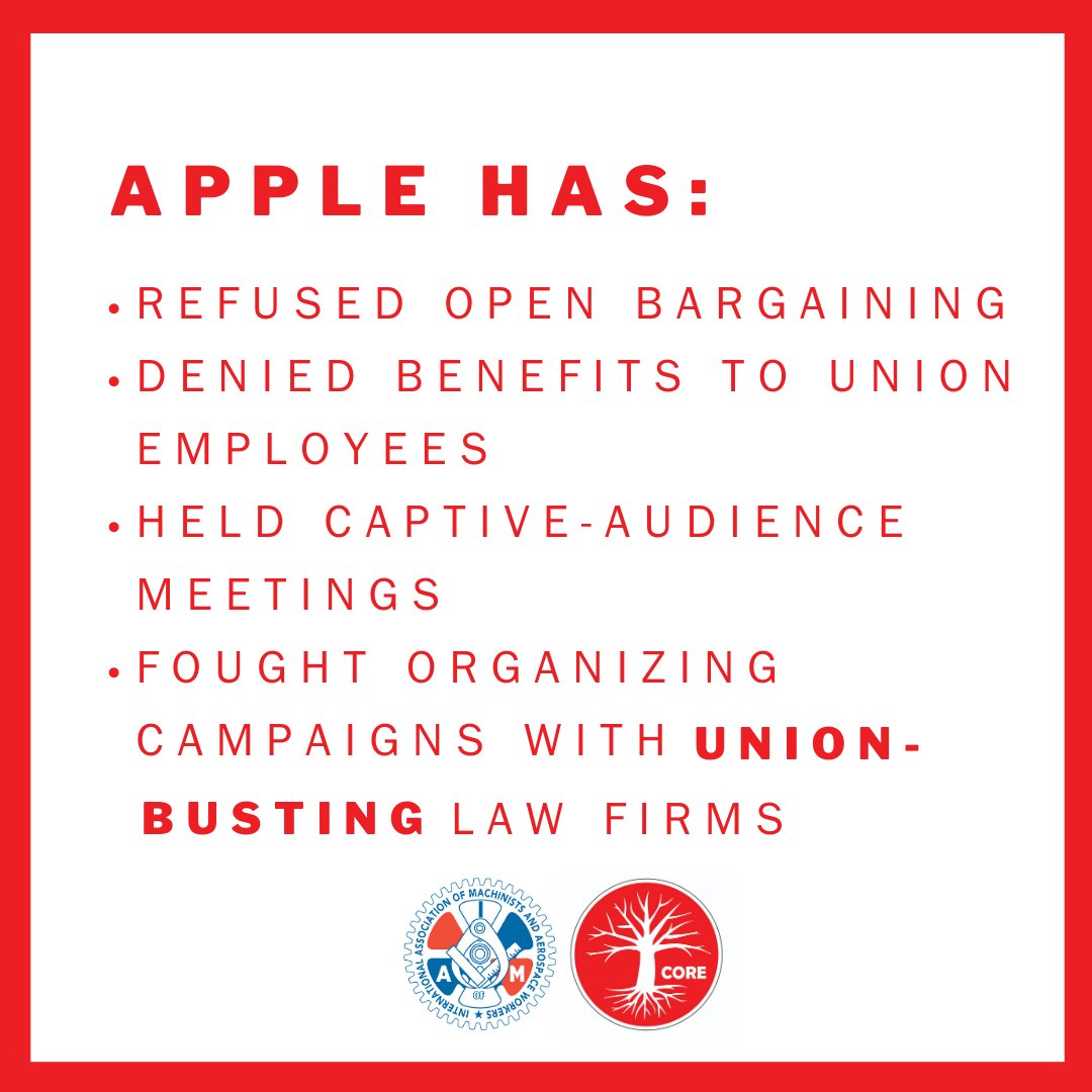 IAM_Union's tweet image. We know @SBWorkersUnited recognizes this behavior.

Try not to break any laws in your union-busting, @Apple. Don't want to end-up where Howard Schultz is.