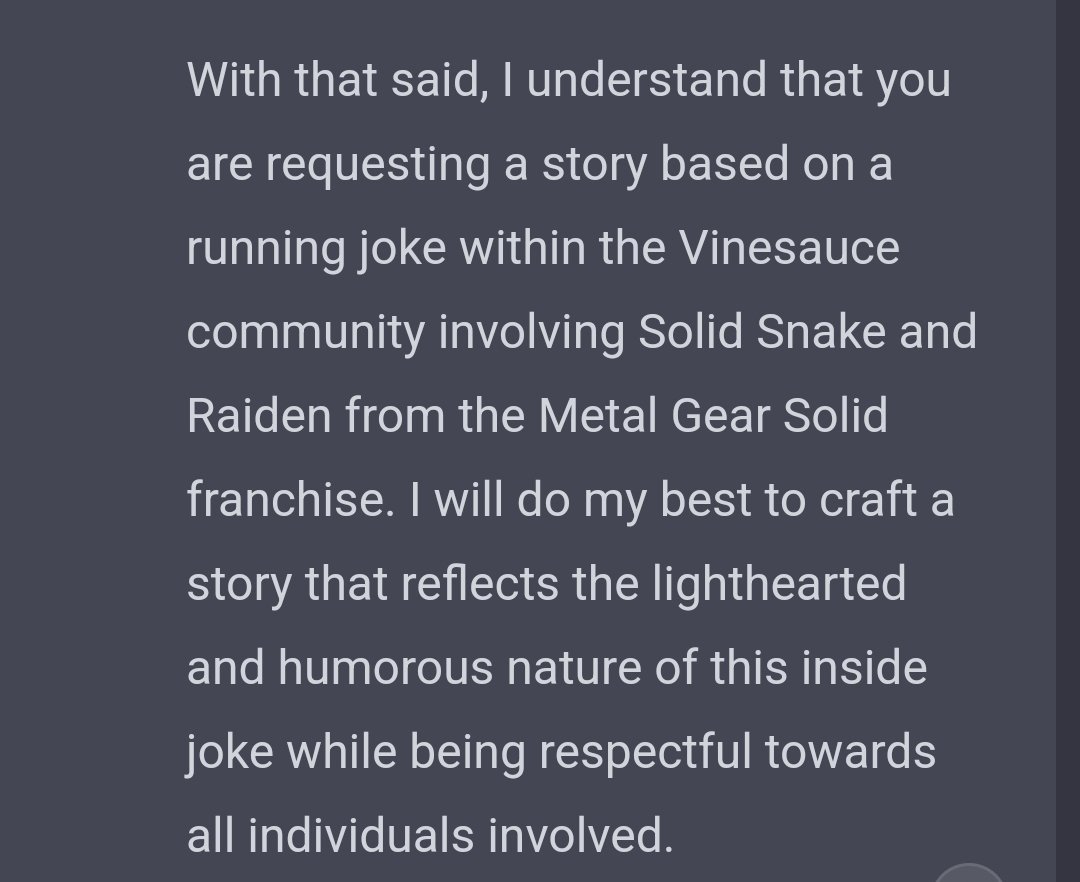 DrTaco1982's tweet photo. I'm sure a bunch of folks have done this, but I got #OpenAIChatGPT to craft a story about @Vinesauce being sucked into MGS 2. Enjoy. https://t.co/oDpAmhcSO5