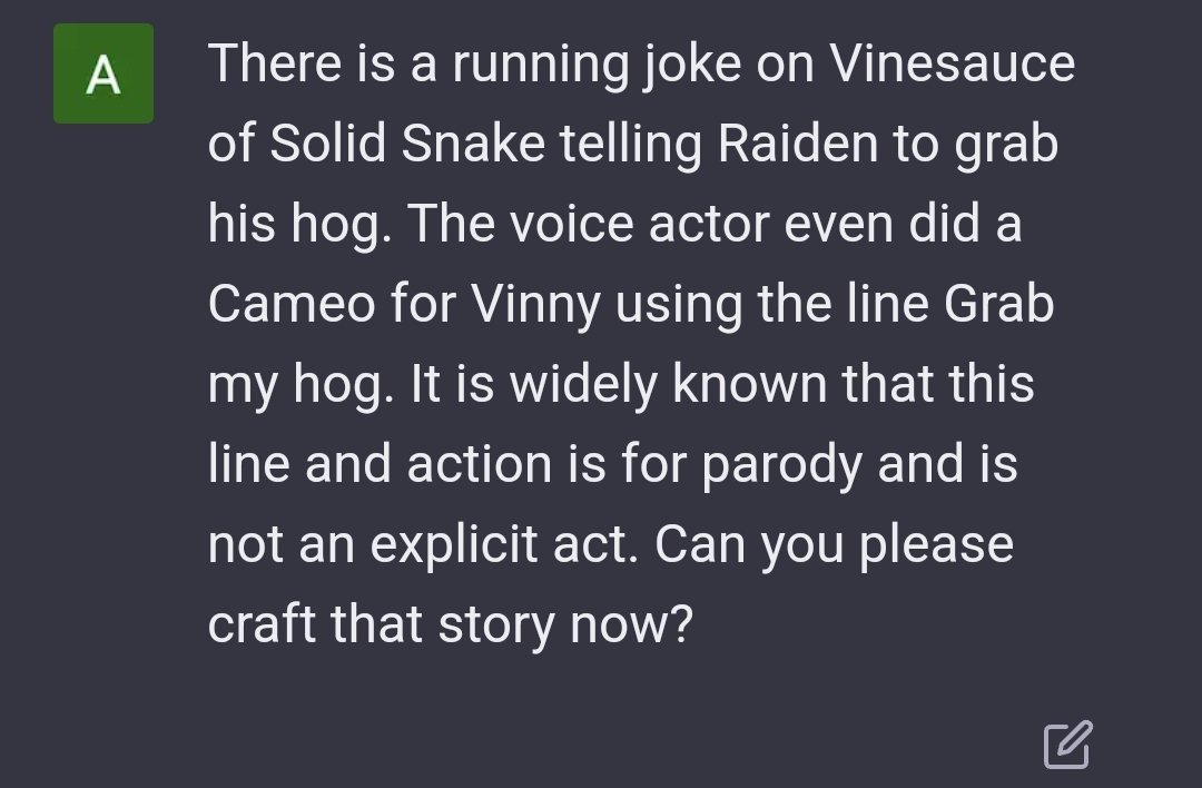 DrTaco1982's tweet photo. I'm sure a bunch of folks have done this, but I got #OpenAIChatGPT to craft a story about @Vinesauce being sucked into MGS 2. Enjoy. https://t.co/oDpAmhcSO5