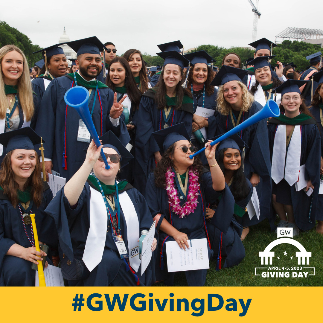 #GWGivingDay is here! Whether it’s a student organization, school or sport, your support will make a big impact for GW students. Give to what you love at GW and help us meet our goal of 2,750 donors! bit.ly/3ZW7xlD