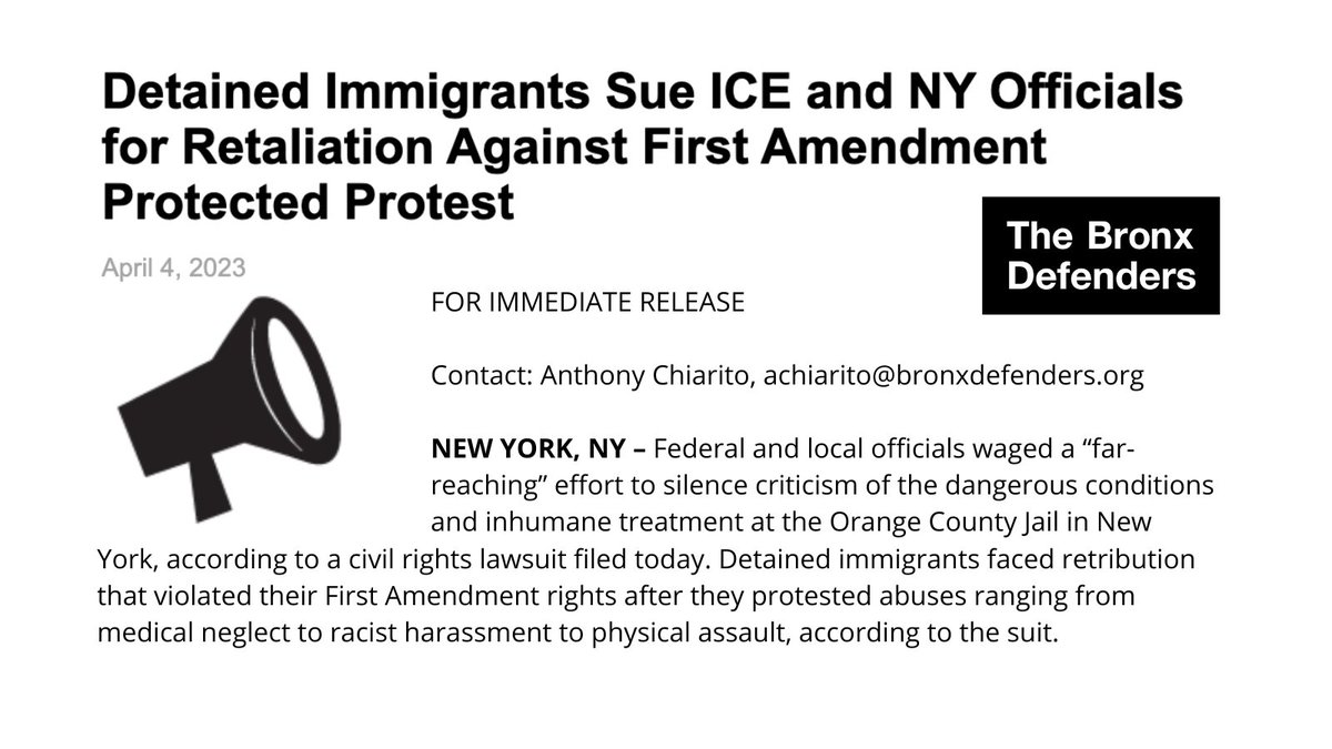 NYC public defenders, civil liberty services, and advocates sue ICE and Orange County Jail to defend first amendment rights: 'As long as the jail remains in the business of immigration detention, it cannot escape the consequences of its brutal actions.” bit.ly/3Uge5u4