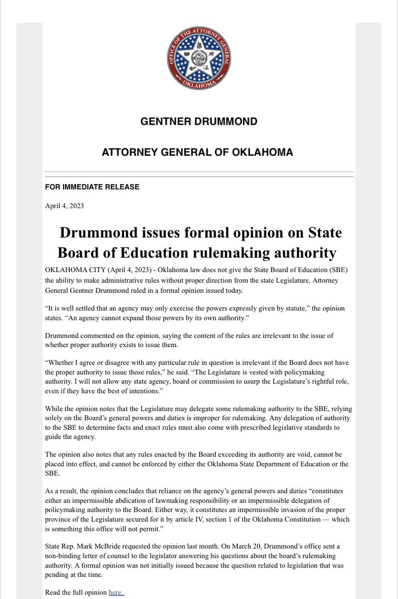 🚨 JUST IN- Attorney General Gentner Drummond issues formal opinion that finds Superintendent Ryan Walters and the Board of Ed “usurped the legislature’s role” when passing new rules on gender identity and inappropriate books. #oklaed #okleg <a href="/OKCFOX/">KOKH FOX 25</a>