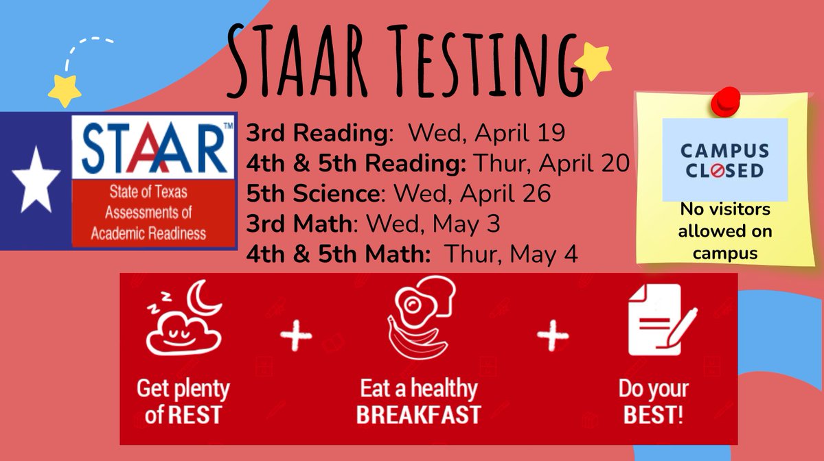 NelsonParents's tweet photo. See below for details about upcoming STAAR tests! 
Please make note that the campus will be closed to all visitors on STAAR Testing dates. Thank you for your understanding.
@NelsonAlvinISD https://t.co/MhMWiDrIz7