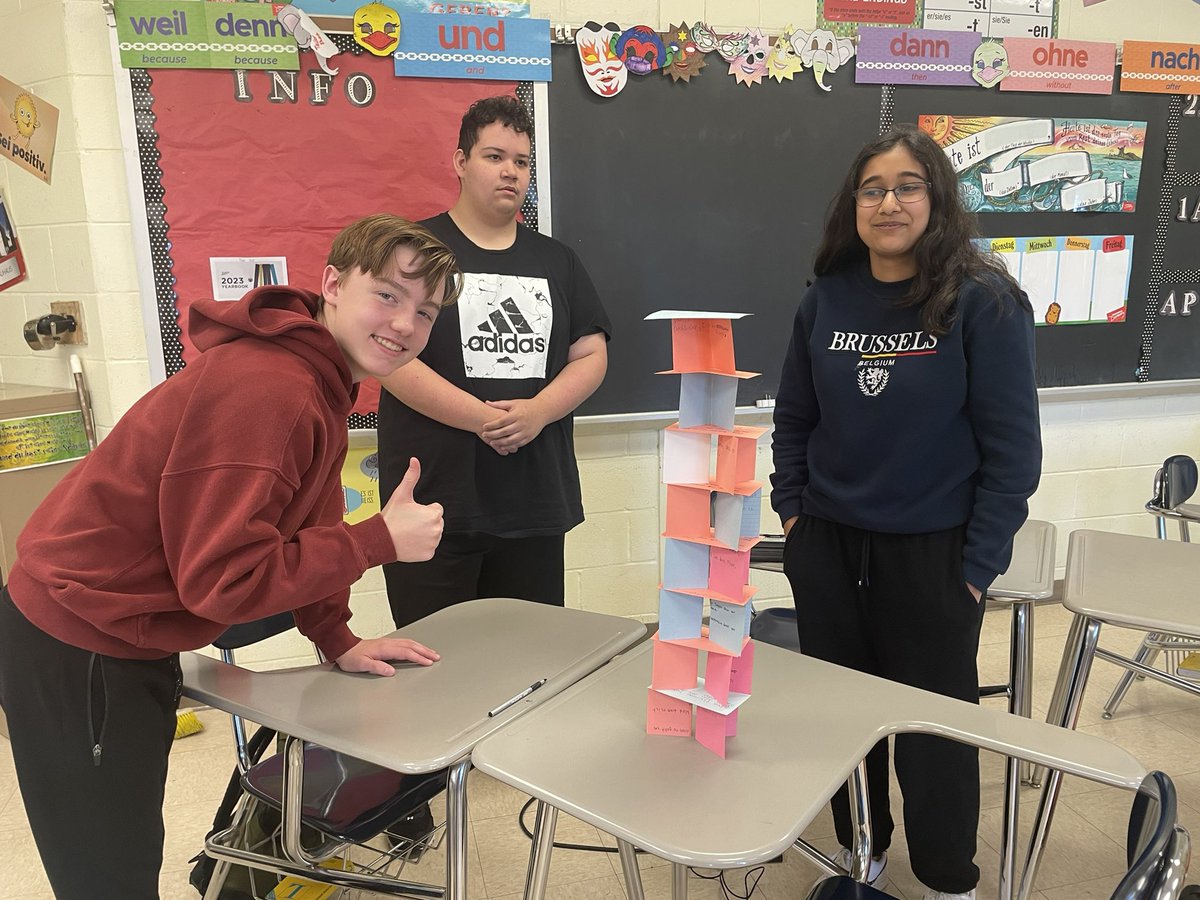 frau_bacher's tweet photo. To practice expressing more complex thoughts when writing, students worked together to write various detailed descriptions of a home. Only more complex sentence cards could be used to build their towers.  Proficiency practice, collaboration, and fun- auf Deutsch! @HerrAndersonWT https://t.co/DtNypUPBvs
