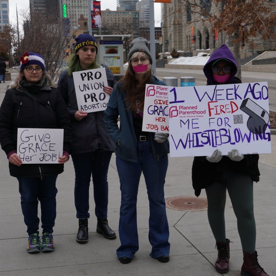 SEIUHCMNIA's tweet photo. NOW: Fired Union Leader Grace Larson and Supporters are speaking out and fliering outside the @PPFA Conference in Minneapolis. #GiveGraceHerJobBack! https://t.co/9vaEuzyGas