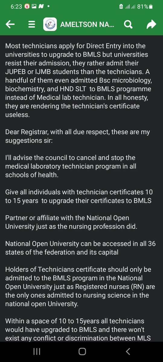 CaptainNla's tweet photo. Letter to medical laboratory science council of Nigeria.
If we can't have access to Bmls 
Let the council stop mlt program in all institutions.

Details is in the screenshot 
Due to Twitter policy 
I can't type up to 1000 words https://t.co/fJvUS6fiPU