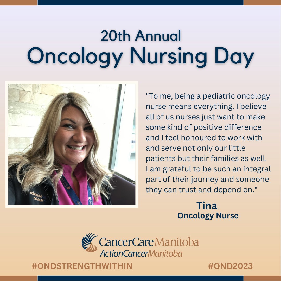 CancerCareMB's tweet photo. Meet Tina, one of our outstanding pediatric oncology nurses! Read what it means to her to work in oncology https://t.co/tX7yx0Qmqo Thank you to Tina and all of our nurses for your care and expertise! #OND2023 #ONDStrengthWithin https://t.co/bfg8RlIr95