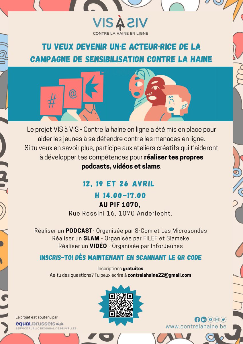 Le 12 Avril premier session du nouvel atelier VIS à VIS - Contre la haine en ligne!
👉PIF 1070
 Rue Rossini 16, 1070 Anderlecht
Info: contrelahaine22@gmail.com
#contrelahaine #stophate
#filef #slam #podcast #atelier