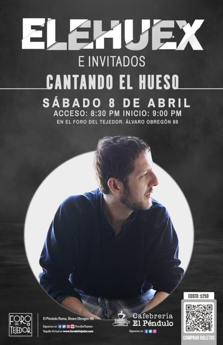 Este sábado 8 de abril estaré presentándome en el Foro Del Tejedor a las 9 pm , tendré de invitad@s a Vivir Quintana , LePau, Rulo y Rolty, ya están a la venta los boletos en el sitio web del Foro Del Tejedor.

ForodelTejedor.com