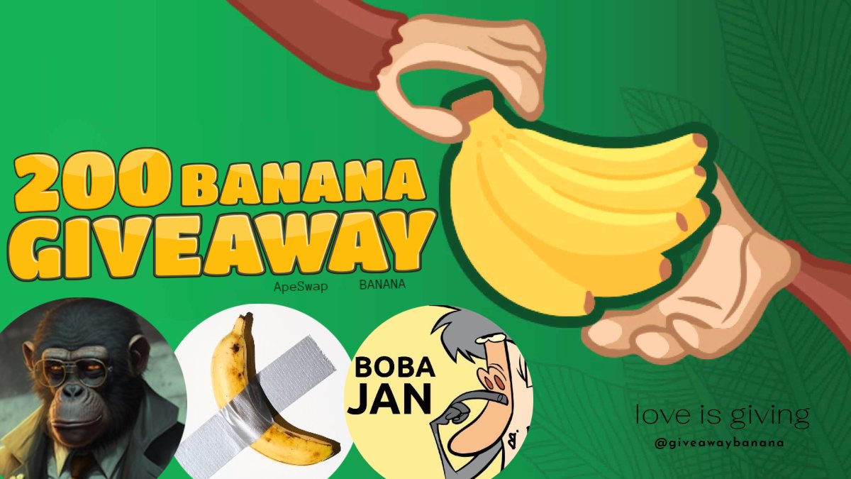 🎁🍌 Doing a special 200 $BANANA giveaway to promote our lovely Biz Devs profiles! To participate...

➡️ Retweet this
➡️ Follow <a href="/bobajanape/">Boba</a> 
➡️ Follow @Mr_Monkey_Biz 
➡️ Follow <a href="/ApeAgent007/">ApeAgent#ApeSwap</a> 

Draw tomorrow (wednesday) 🐵🍀