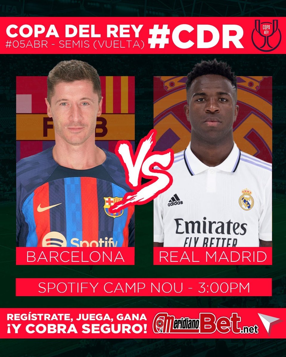 2001OnLine's tweet photo. Mañana tendremos el último Clásico de la temporada 2022/2023 en la vuelta de las semifinales de #CopaDelRey 
¿Eres #TeamBarça o #TeamRealMadrid?

Ingresa en https://t.co/8QfjQewuTI y apuesta todo a tu favorito.
Juega | Gana | #CobraSEGURO
Síguelos @MeridianoBet https://t.co/UtLDy5Il6m