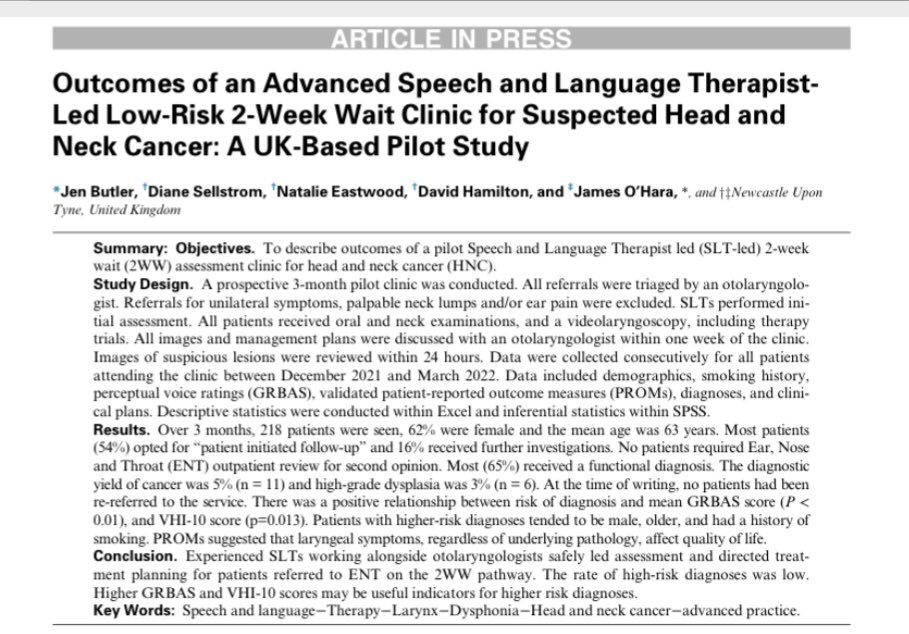 Jen Butler (@jenbutlerslt) on Twitter photo Outcomes of an Advanced Speech and Language Therapist-Led 2-Week Wait Clinic for HNC
📣50 days free access to our paper📣
Please share with anyone interested in SLT led 2WW clinics #voice
<a href="/CenVoice/">Trent Voice CEN</a> <a href="/northwestvoice1/">North West Voice CEN</a> <a href="/VoiceCENLondon/">London Voice CEN</a> <a href="/RCSLTResearch/">RCSLTResearch</a>
authors.elsevier.com/a/1gsQo3AtDlZk… Outcomes of an Advanced Speech and Language Therapist-Led 2-Week Wait Clinic for HNC
📣50 days free access to our paper📣
Please share with anyone interested in SLT led 2WW clinics #voice
<a href="/CenVoice/">Trent Voice CEN</a> <a href="/northwestvoice1/">North West Voice CEN</a> <a href="/VoiceCENLondon/">London Voice CEN</a> <a href="/RCSLTResearch/">RCSLTResearch</a>
authors.elsevier.com/a/1gsQo3AtDlZk…