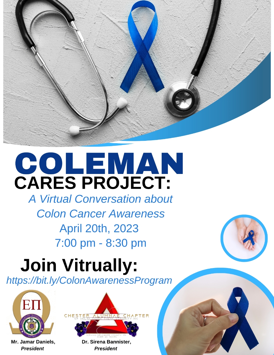 COLEMAN CARES PROJECT - A conversation we all can use on #ColonCancer Awareness! A virtual facilitation partnership with <a href="/E_Pi_Ques/">E Pi Que's</a> and <a href="/ChesterPADST/">ChesterAlumnaeDST</a>.
When: April 20, 2023, Where: Virtual
Link: bit.ly/ColonAwareness…

<a href="/easternregdst/">EasternRegionDST</a> <a href="/dstinc1913/">dstinc1913</a> #DSTCACPA #coloncancerawareness