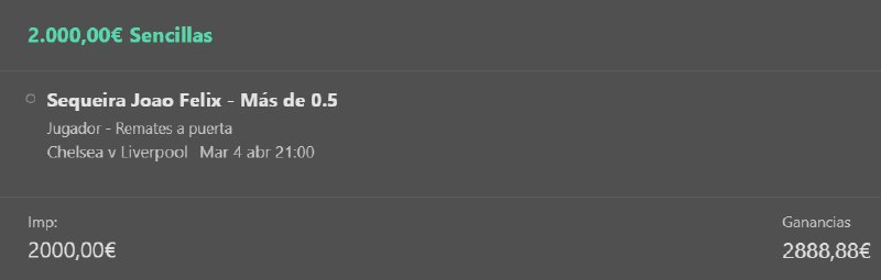 AnonymousBets_'s tweet photo. Pronostico 03/04/2023📷
📷 Premier League-Chelsea vs Liverpool
📷21:00 CET
📷Joao felix 1 remate a puerta
📷STAKE 2
📷BET365

En TELEGRAM el pronostico entero  https://t.co/7mPHdne7WT

#apuestasdeportivas #abets #LigaSantander  #ligue1 #Brighton #ChelseaLiverpool #ligasmartbank https://t.co/uM86FWOVu9