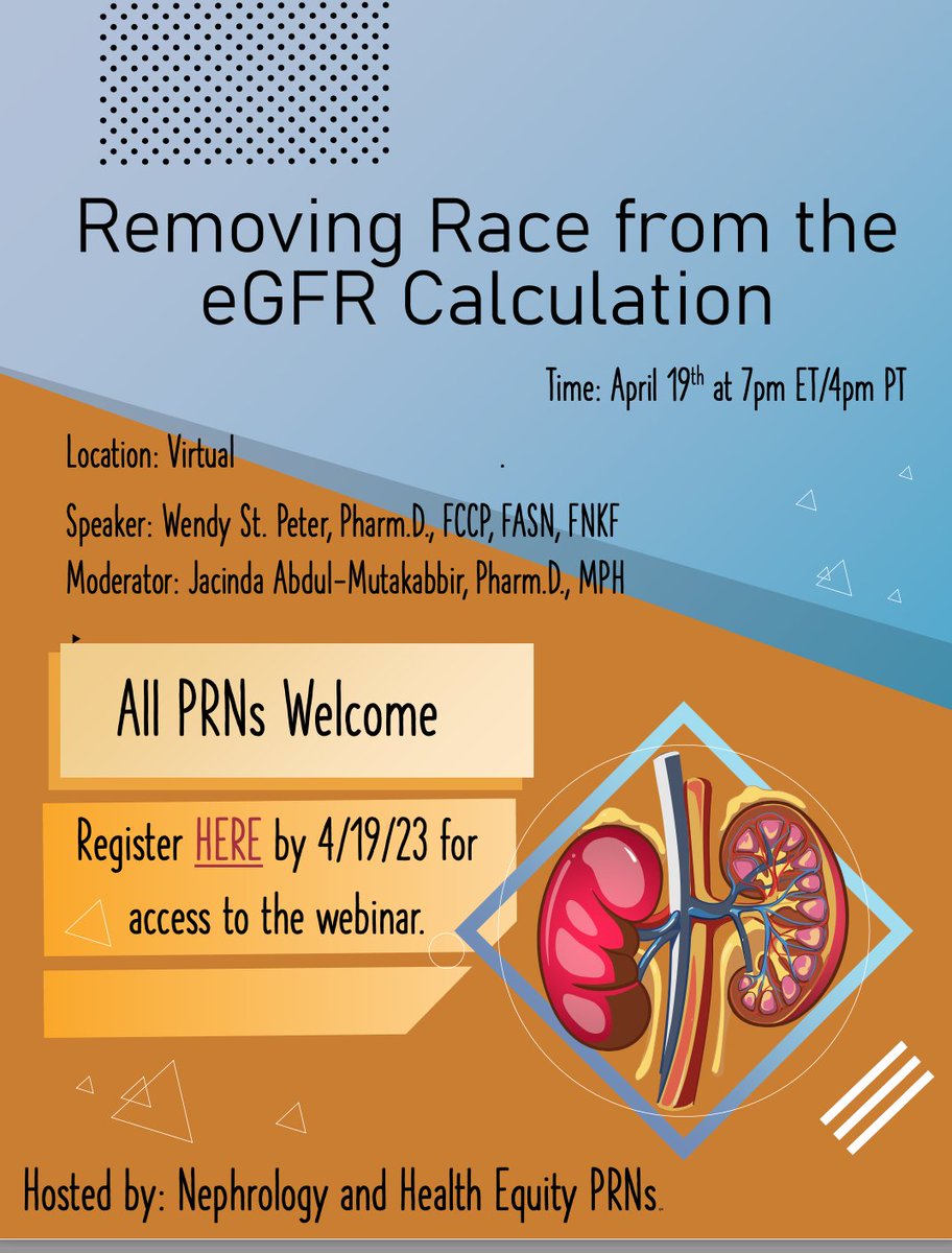 ACCP Health Equity PRN (@accphleqprn) on Twitter photo 🗓 SAVE THE DATE! We are partnering with <a href="/ACCPNephro/">ACCPNephroPRN</a> to co-host a webinar, Removing Race from the eGFR Calculation. Presented by <a href="/WendyStPeter002/">Wendy St. Peter</a> and moderated by <a href="/JayCdoesID/">Jacinda Abdul-Mutakabbir (Dr.JAM) PharmD MPH</a> on April 19th via Zoom. Register here: bit.ly/3zA4x3v
<a href="/RenaGosser/">Rena Gösser</a> <a href="/rx_phan/">Tam Phan, PharmD, AAHIVP (he/him)</a> 🗓 SAVE THE DATE! We are partnering with <a href="/ACCPNephro/">ACCPNephroPRN</a> to co-host a webinar, Removing Race from the eGFR Calculation. Presented by <a href="/WendyStPeter002/">Wendy St. Peter</a> and moderated by <a href="/JayCdoesID/">Jacinda Abdul-Mutakabbir (Dr.JAM) PharmD MPH</a> on April 19th via Zoom. Register here: bit.ly/3zA4x3v
<a href="/RenaGosser/">Rena Gösser</a> <a href="/rx_phan/">Tam Phan, PharmD, AAHIVP (he/him)</a>