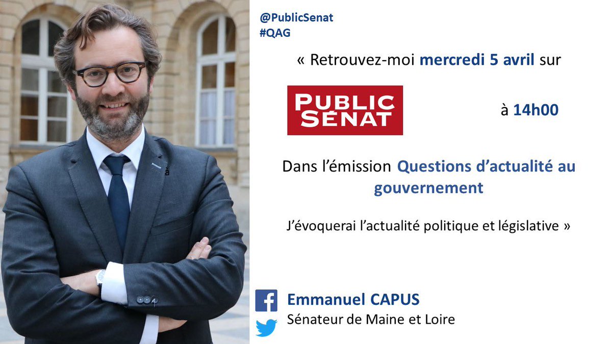 Je suis l’invité ce mercredi 5 avril à 14h00, sur <a href="/publicsenat/">Public Sénat</a>, de l’émission Questions d’actualité au gouvernement afin de débattre de l’actualité #politique et législative  #QAG <a href="/Senat_Direct/">Sénat Direct</a> <a href="/Indep_Senat/">Les Indépendants Sénat</a> <a href="/HorizonsLeParti/">Horizons</a> <a href="/AngersPourVous/">Angers Pour Vous</a> <a href="/MajoriteDep49/">Majorité départementale 49</a>