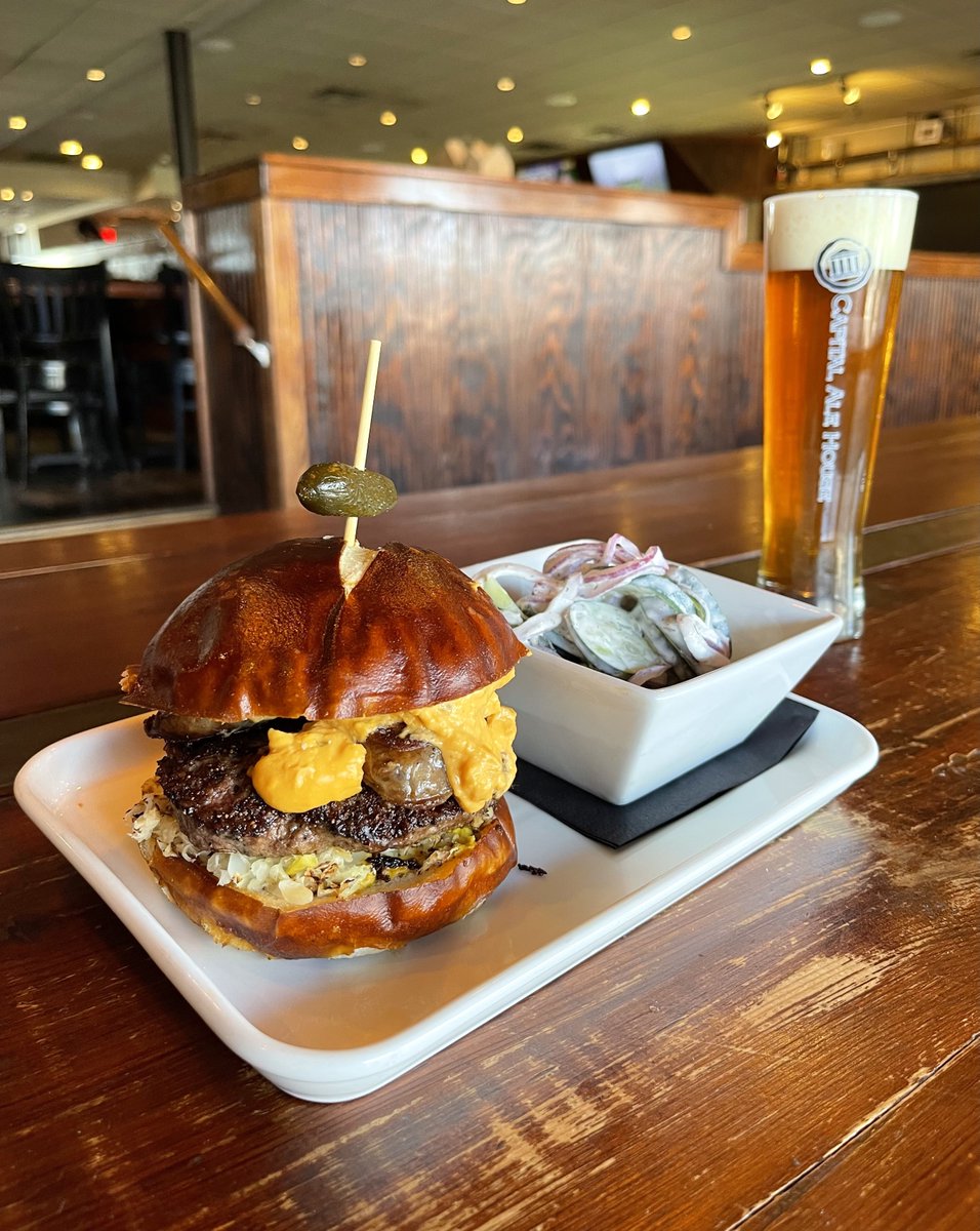 CapitalAleHouse's tweet photo. Our burger of the month is the Warsaw burger! Stacked high with Kielbasa, sauerkraut, beer cheese, and Polish mustard, this one is a must-try.

Starting at 9 pm on Tuesdays, take $5 off all burgers, including our Burger of the Month, and 1/2 off all appetizers!

#capale https://t.co/DYzv6uLNk7