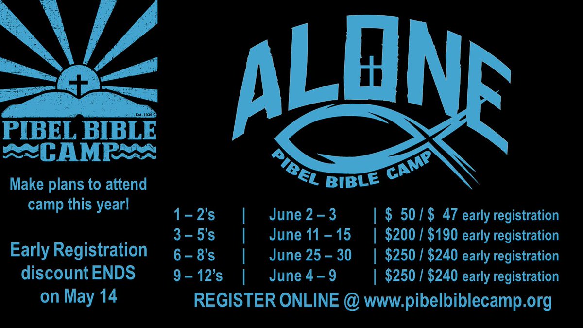It's time to get registered for Camp at Pibel Bible Camp!  Head over to pibelbiblecamp.org and sign up today!  Camps represent the grade completed this spring.
pibelbiblecamp.org/registration.h…