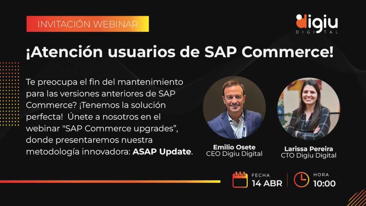 digiudigital's tweet image. ⚠ Se acerca el fin del mantenimiento para las versiones anteriores de SAP Commerce.

¡No te lo pierdas y regístrate ahora para asegurarte tu lugar! 

¡Te esperamos en el evento!

#sapcommercecloud #sapcommerceuptade #sapcommerce #softwareupdates #webinar