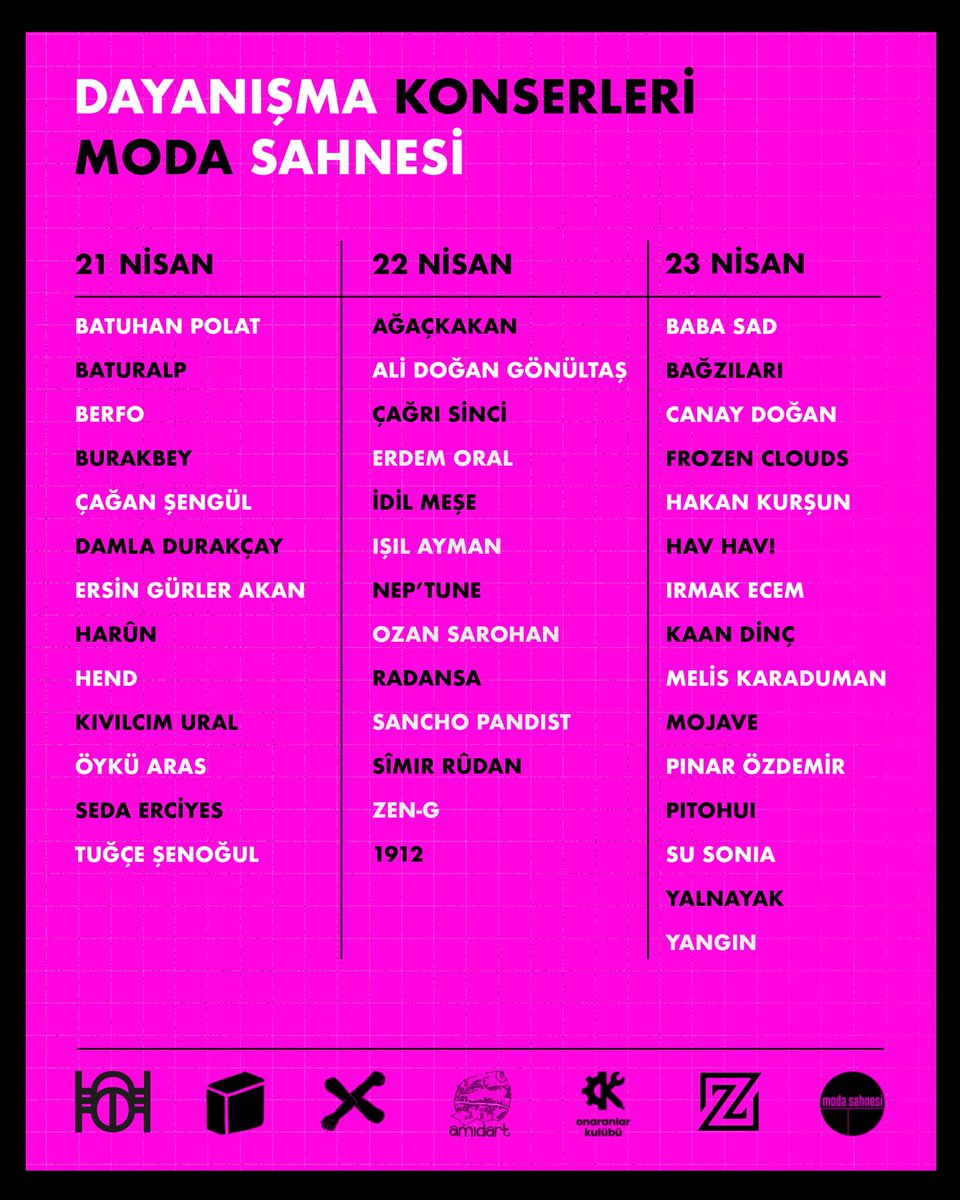 Dirsek Teması Dayanışma Konserleri
21-22-23 Nisan
<a href="/hood_base/">hoodbase</a> <a href="/modasahnesi/">moda sahnesi</a> <a href="/onaranlarkulubu/">Onaranlar Kulübü</a> <a href="/ZuhalMuzik/">Zuhal Müzik</a> <a href="/dirsektemasiorg/">dirsektemasiorg</a> 

Elde edilen gelirler <a href="/kadinsavunmasi/">Kadın Savunması</a> <a href="/KafKolektif/">Kaf Kolektif</a> ve <a href="/cocuksanatalani/">Çocuk Sanat Alanı Platformu</a> 'na aktarılacaktır.

günlük, kombine ve destek biletleri için 👇🏼
biletinial.com/muzik/dirsek-t…