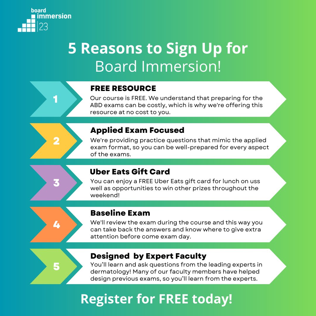 📣 Calling all Dermatology Residents! Have you registered for Board Immersion? Our FREE virtual two-day course is designed for second and third-year dermatology residents to prepare for the American Board of Dermatology’s Applied Exam! ⁠ Register here: l8r.it/GBbH