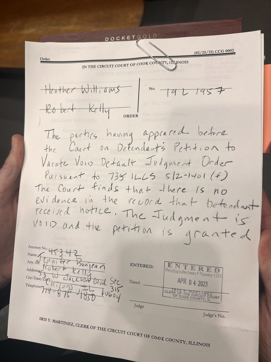 Today a Circuit Court of Cook County Judge vacated a $4 million default judgment order against Rkelly finding it void for lack of notice!  🍾 🍾 #theworldsgreatest  <a href="/BonjeanLawGroup/">Bonjean Law Group</a> #jenibonjean