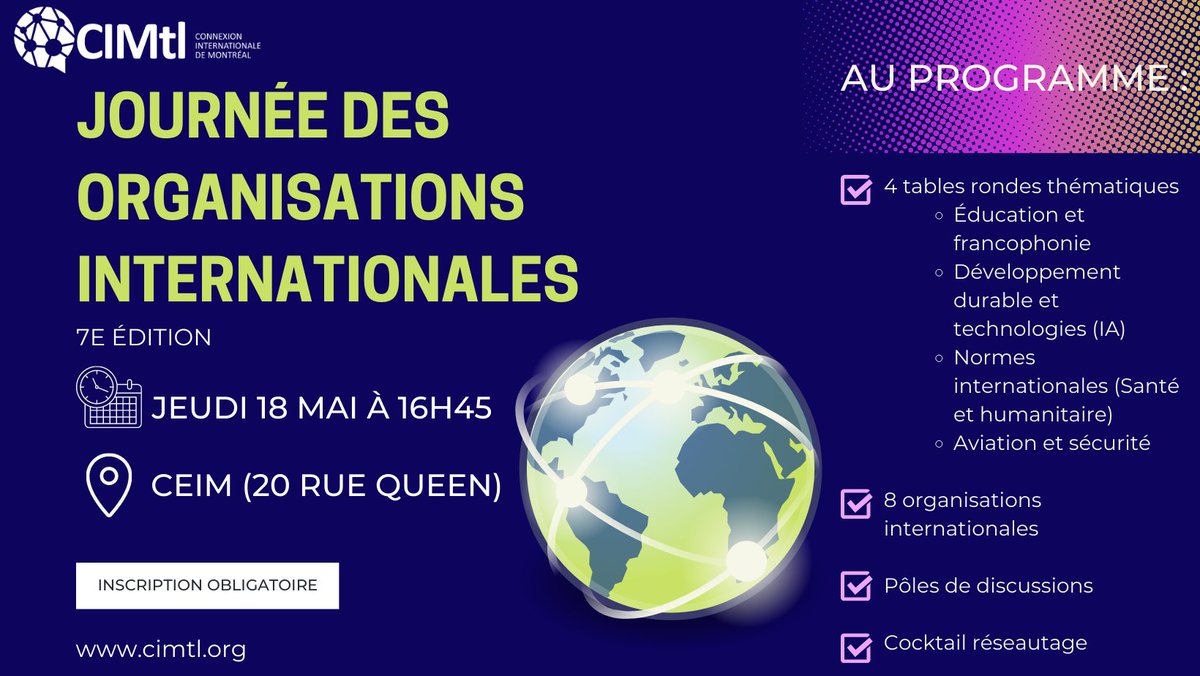 CIMtl's tweet photo. 📢À vos agendas ! Le 18 mai prochain à compter de 16h45 se tiendra notre fameuse Journée des organisations internationales !
Une occasion unique d'échanger directement avec des représentants d'OIs établies à #Montréal. 
Bénéficiez du tarif Early Bird jusqu'au 13 avril !
#JOI2023 https://t.co/K5EZieXL4z