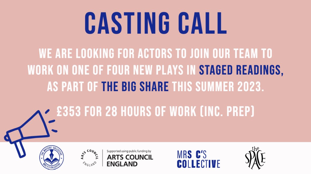 🎭 CASTING CALL! 🎭

We are looking for actors to join our team to work on one of four new plays in staged readings, as part of The Big Share this summer!

The fee is £353 for 28 hours of work (including prep).

The deadline to apply is 18.00 Tuesday 11th April 2023.

(1/2)