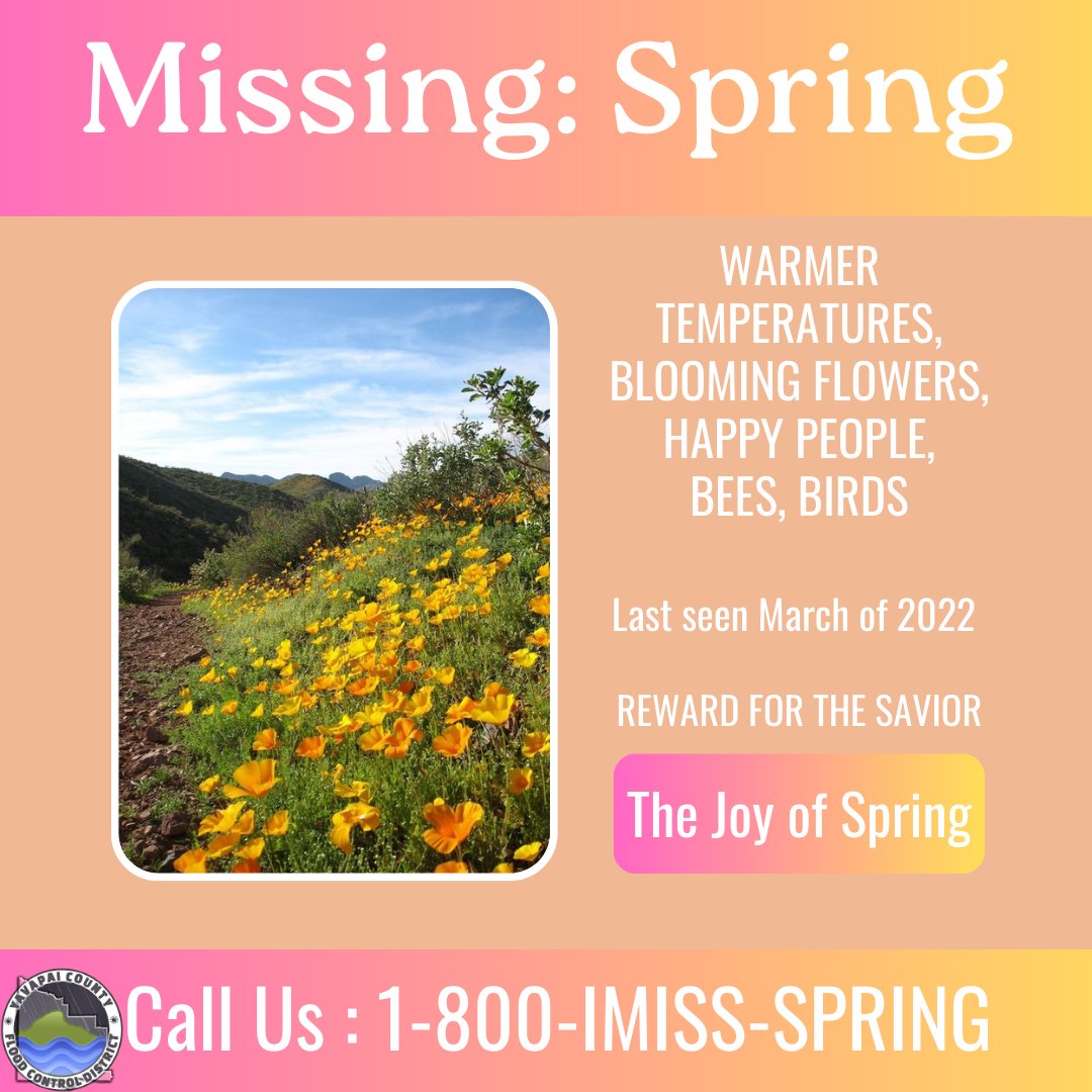 YavapaiAZ_Flood's tweet photo. MISSING: SPRING💐🌞
REWARD: THE JOY OF SPRING
IF FOUND, PLEASE LET MOTHER NATURE KNOW SO SHE CAN GIVE IT TO US
#yavapaicounty #floodcontrol #azwx #spring #springwx #whereareyouspring #missing #warmweather #springflowers #april #hydrology #breakingnews #northernarizona https://t.co/lQ5bygzFrJ