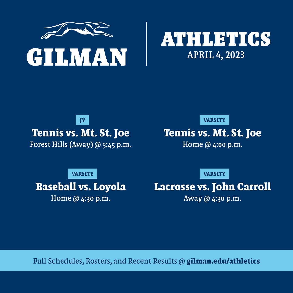 Tuesday means #GAMEDAY for #lax and #baseball and #tennis.
<a href="/GilmanBaseball/">Gilman Baseball</a> <a href="/GilmanLacrosse/">Gilman Lacrosse</a> <a href="/GilmanTennis/">Gilman Tennis</a>
