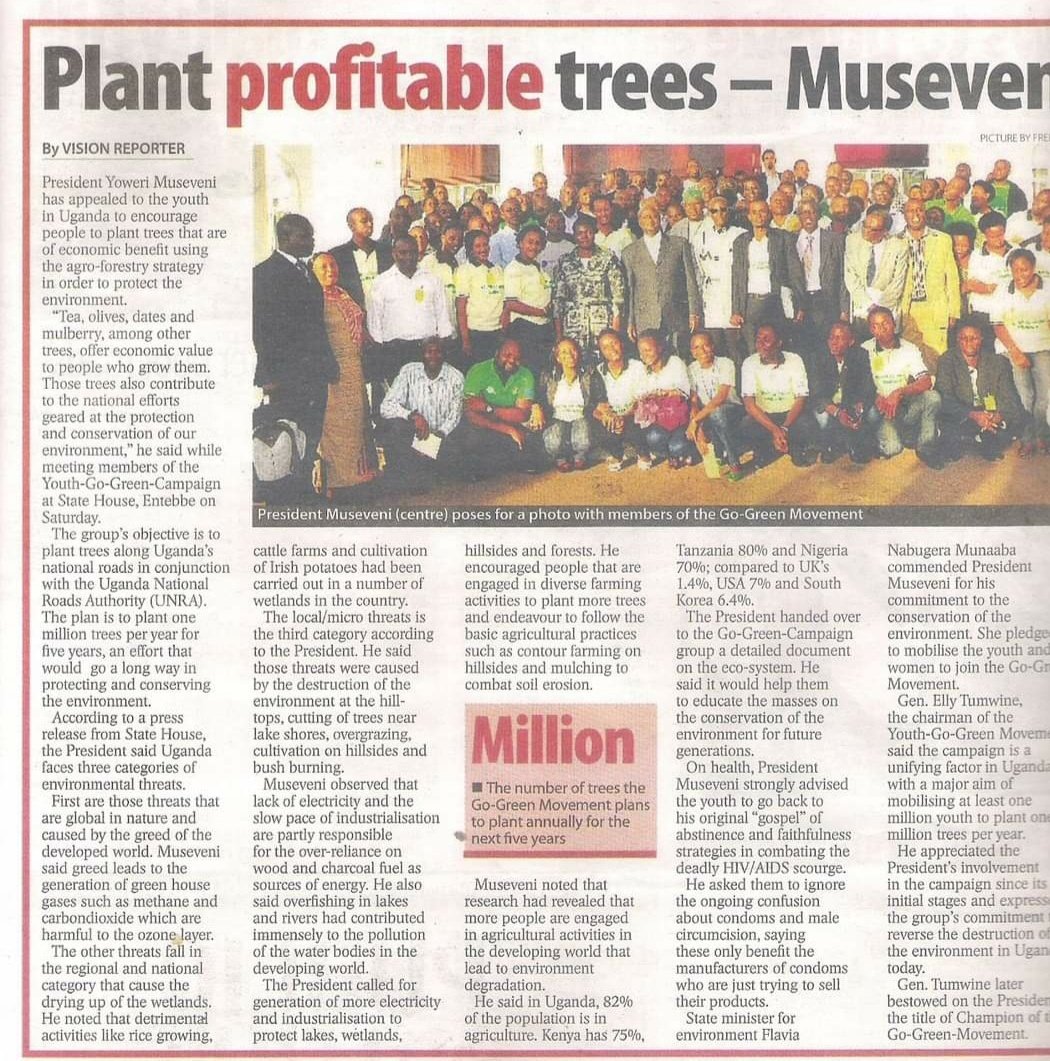While H.E <a href="/KagutaMuseveni/">Yoweri K Museveni</a> was meeting members of <a href="/youthgogreen/">Uganda Youth Go-Green</a> at <a href="/StateHouseUg/">State House Uganda</a>,he advised us to encourage the citizens to plant trees that of economic benefit like fruits, tea, dates etc using the Agro-Forestry strategy in order to protect the Environment.<a href="/EUinUG/">EU in Uganda</a> <a href="/Aidenvironment/">Aidenvironment.org</a>