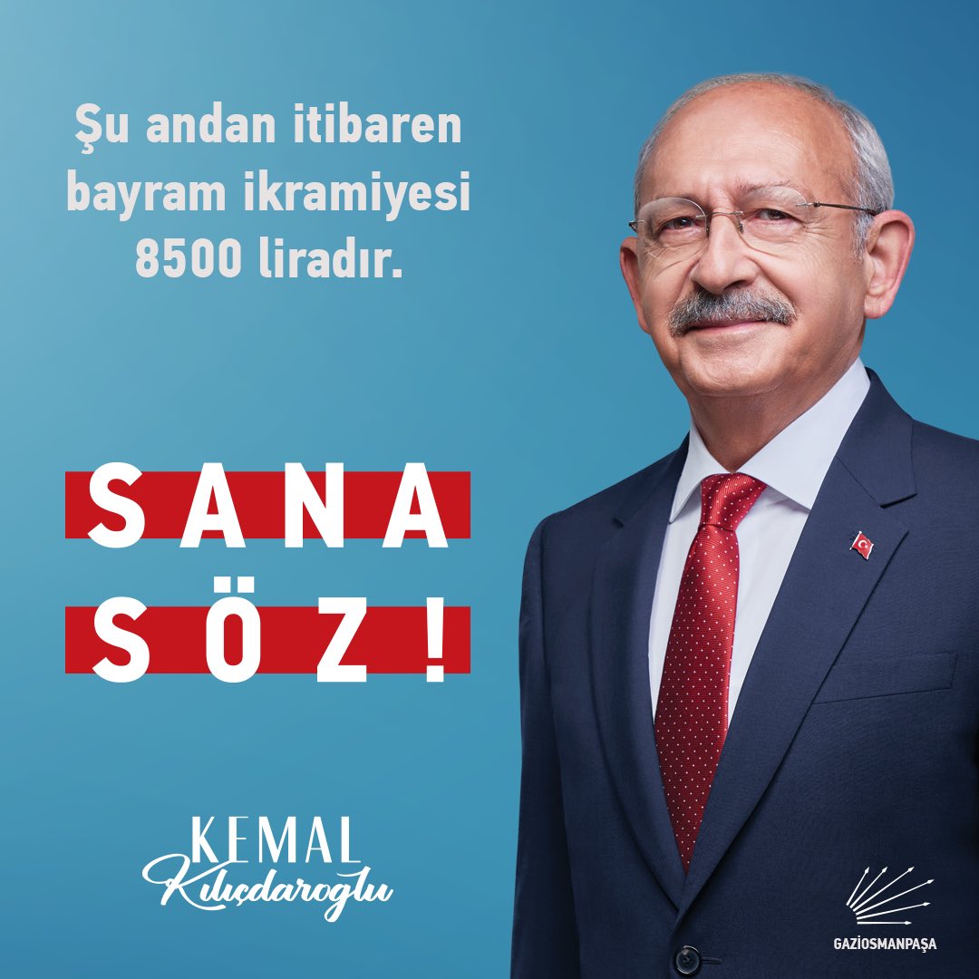 CHPGOPKazimKarabekir (@chpgopkazimk) on Twitter photo Şu andan itibaren bayram ikramiyesi 8.500 liradır.
Kurban Bayramında tüm emeklilerimize 8.500 lira Kurban Bayramı ikramiyesi ve 6.500 lira Ramazan bayramı farkı olmak üzere 15.000’er lira ikramiye ödenecektir. Şu andan itibaren bayram ikramiyesi 8.500 liradır.
Kurban Bayramında tüm emeklilerimize 8.500 lira Kurban Bayramı ikramiyesi ve 6.500 lira Ramazan bayramı farkı olmak üzere 15.000’er lira ikramiye ödenecektir.