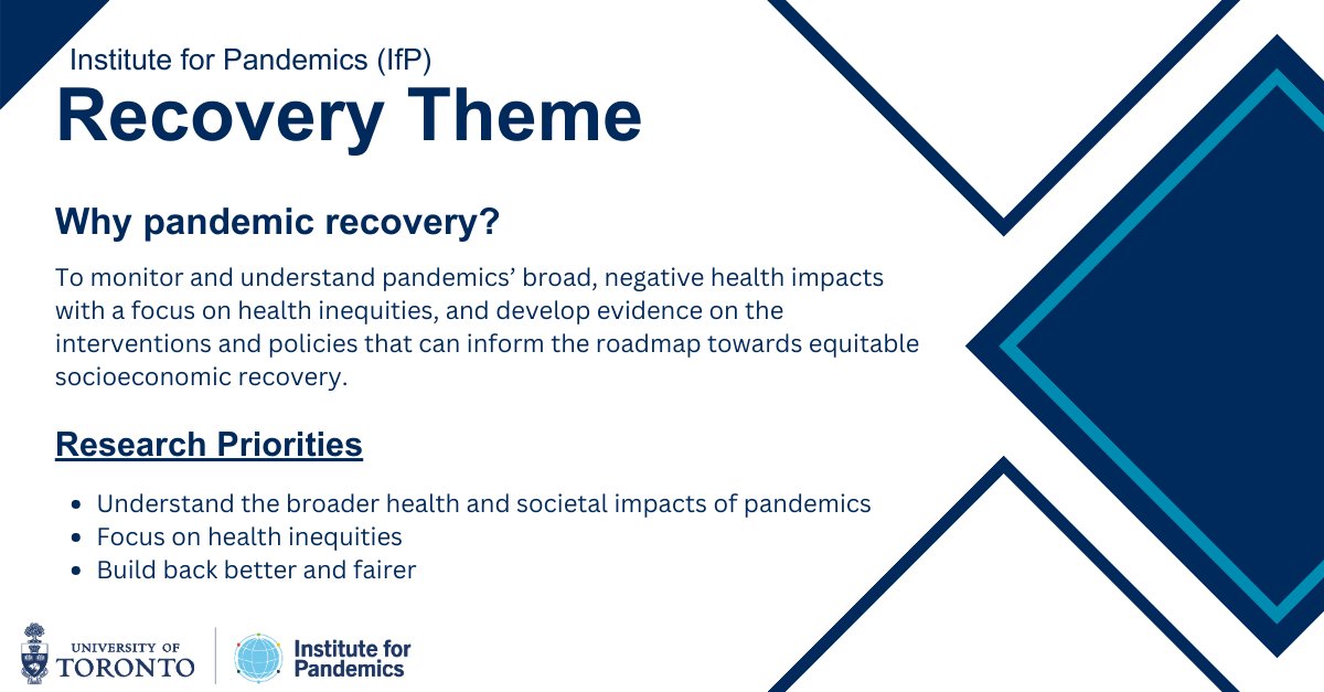 As the world continues to recover from the COVID-19 pandemic, IfP @UofT is working to advance research that supports a healthy and equitable recovery. Recovery Theme is led by Geoff Anderson, @shaunabrail and @simonevigod 
#UofT #PandemicRecovery #Research #Equity #HealthEquity