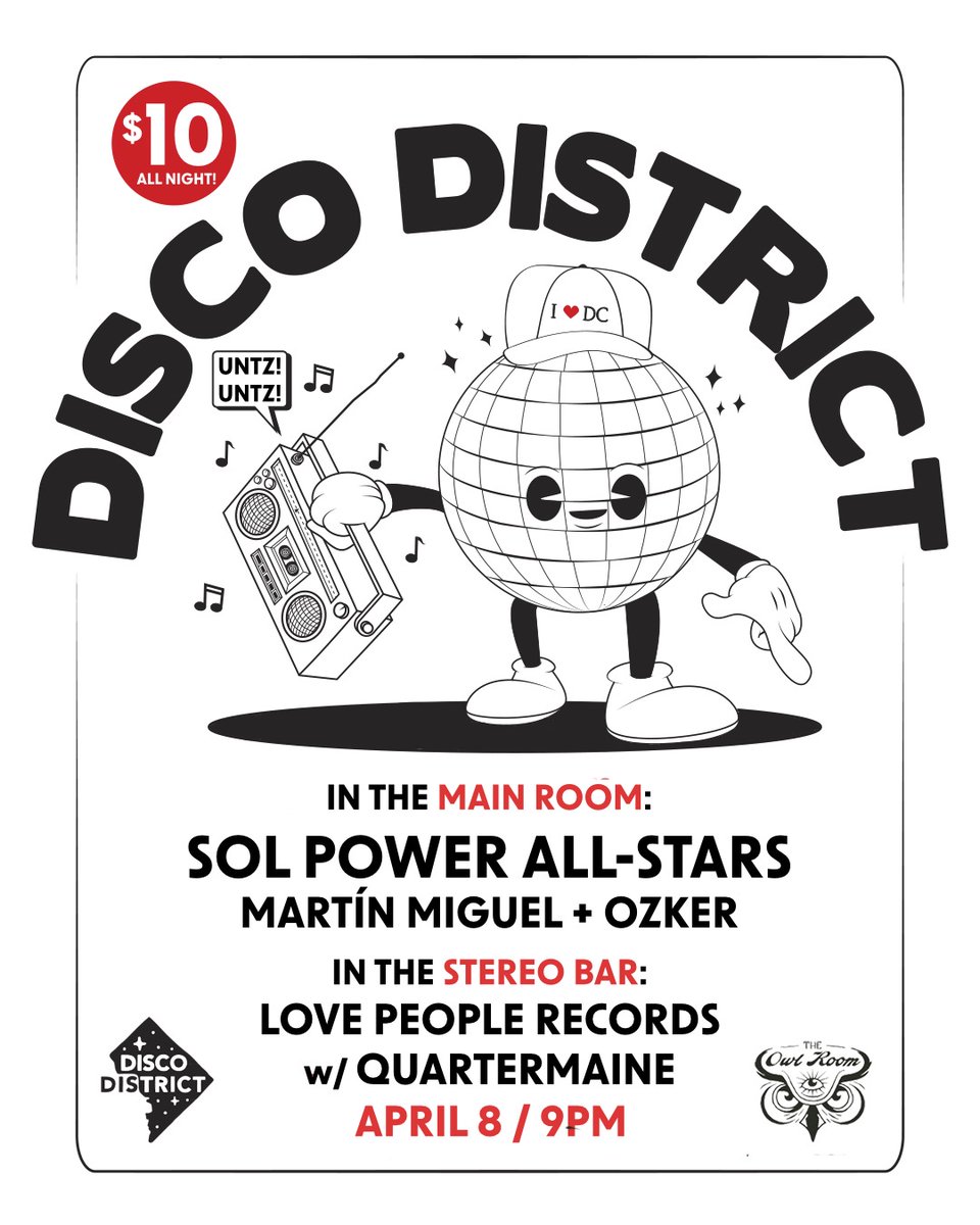 This Saturday Night #DiscoDistrict w/ <a href="/SolPowerDC/">Sol Power Sound</a> w/ <a href="/martinmiguel__/">Martín</a> x <a href="/OzkerDC/">OzkerDC</a> &amp; #lovepeoplerecords <a href="/TheOwlRoomDC/">TheOwlRoomDC</a> :) See you on the dancefloor!
tix: shorturl.at/swJS6