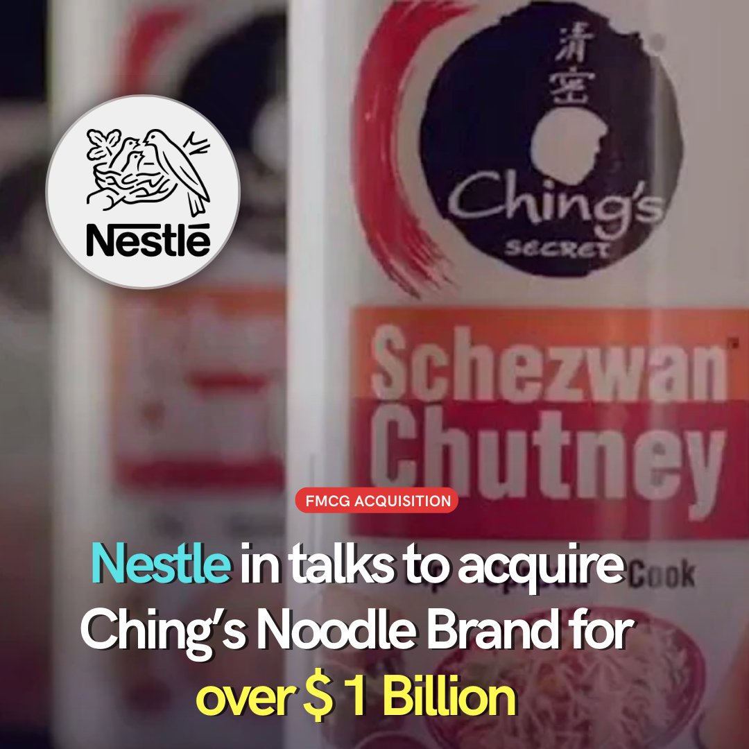 Page21_com's tweet photo. Nestle vies to acquire Capital Foods, the maker of Ching's Secret spicy noodles and Smith &amp; Jones masala mixes, to expand its presence in India's thriving market. The deal could be worth over $1B.

#Nestle #CapitalFoods #ChingsSecret #IndianCuisine #FoodIndustry https://t.co/EUNd50lQiB
