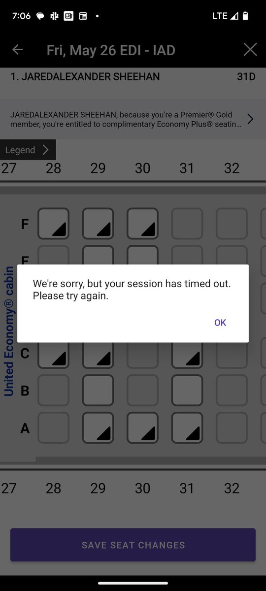 Hello <a href="/UnitedAirlines/">United Airlines</a> - your mobile app doesn't seem to be functioning when trying to change seats. 

When trying to select seats I get a "Timeout" each time I attempt to select a seat. This is happening across each of my scheduled round trips (so not just one)

Any help?