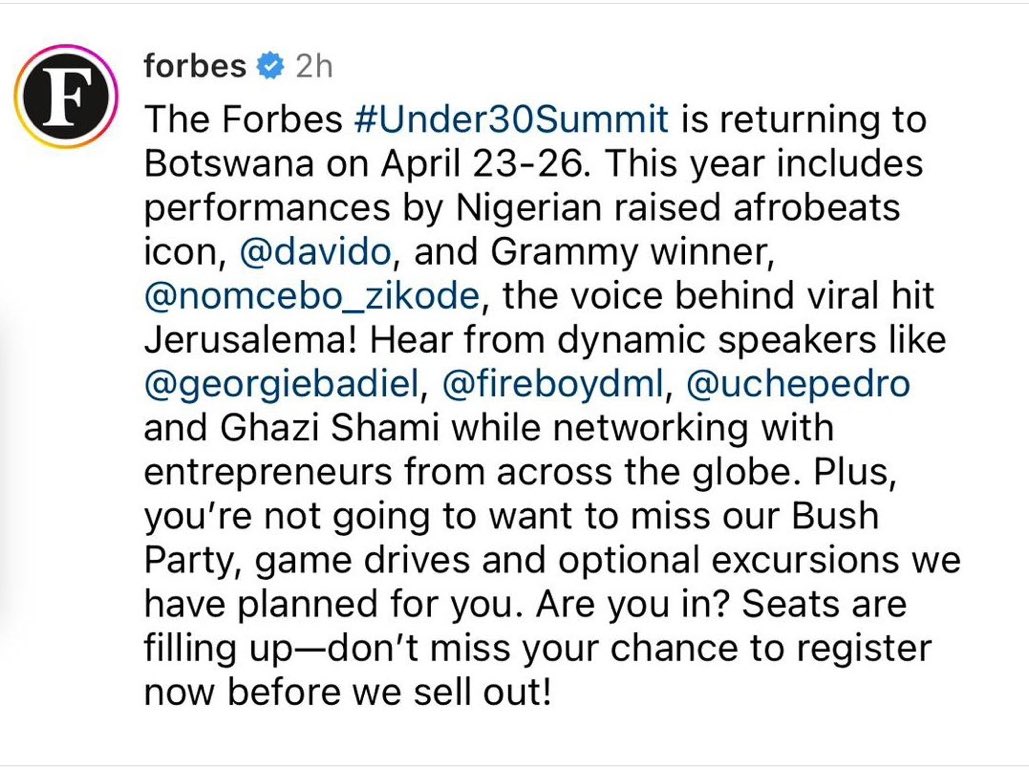 🚨 Breaking: Davido will be performing for Forbes #Under30summit in Botswana 🥳❤️

#Forbes #TimeleesAlbum #TIMELESS