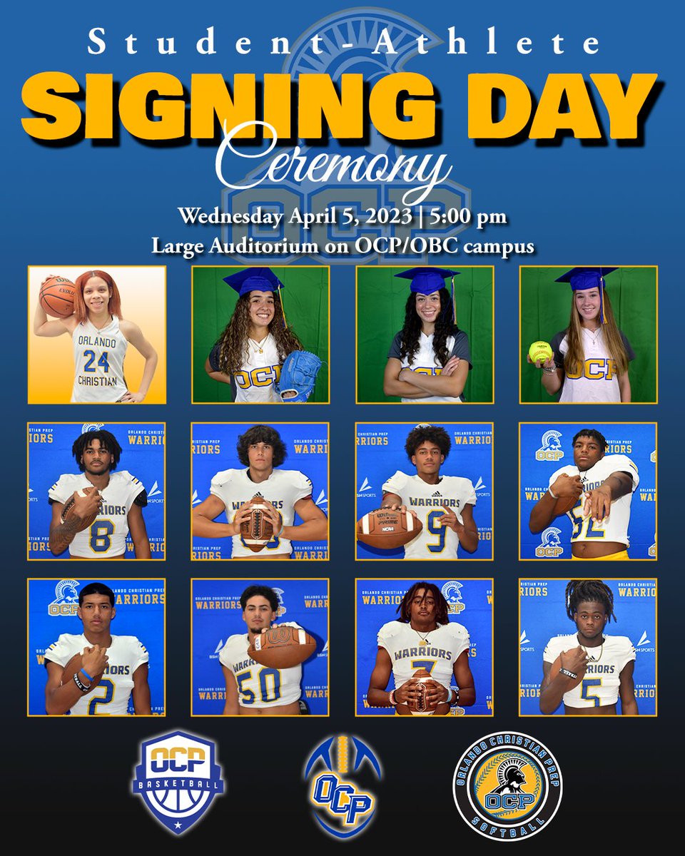 🚨
On Wednesday, April 5th, at 5:00pm, we will be celebrating 12 student-athletes who will continue their athletic and educational careers at the collegiate level.

Our Signing Day Ceremony will take place in the Large Auditorium on the OCP/OBC campus. Arrive early.