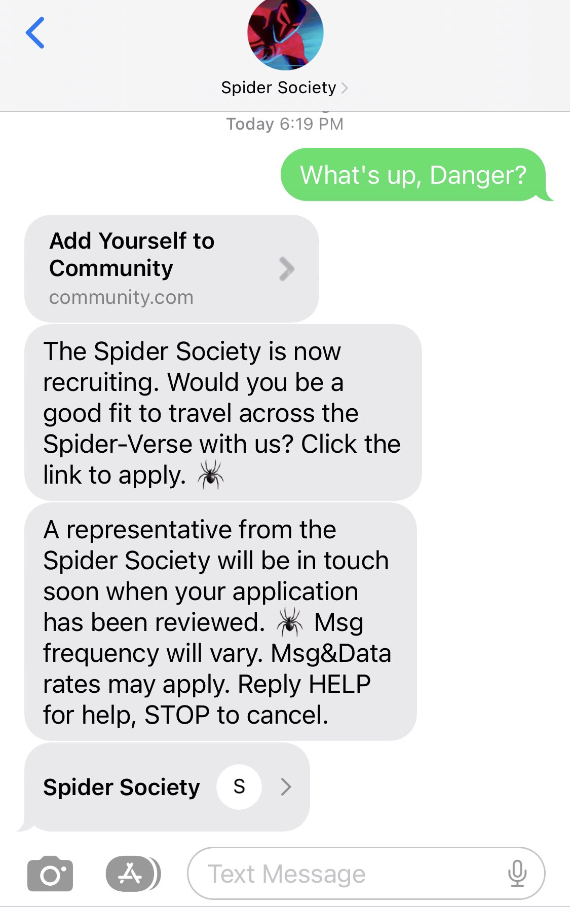You can join the Spider-Verse 'Spider Society' by texting this