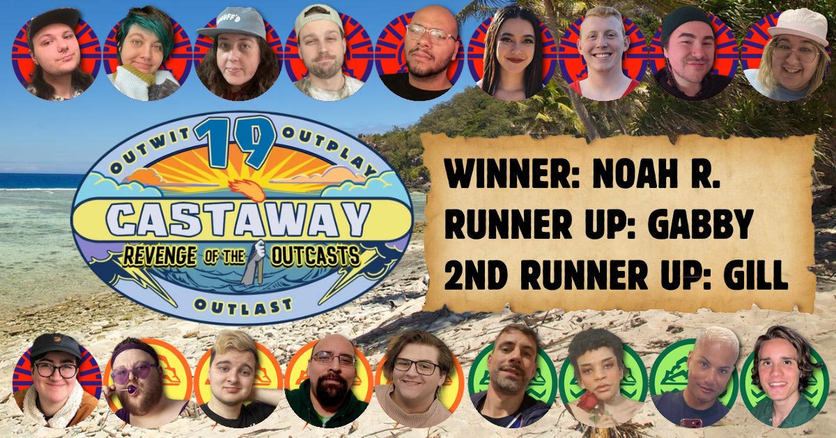 CastawaySeries's tweet photo. CASTAWAY: Revenge of the Outcasts
April 2, 2023
Winner: Noah R. (@n_a_ratcliffe)
Runner-Up: Gabby (@hey_gabbae)
2nd Runner-Up: Gill (@jeunelis) https://t.co/lcwUl0CXSr